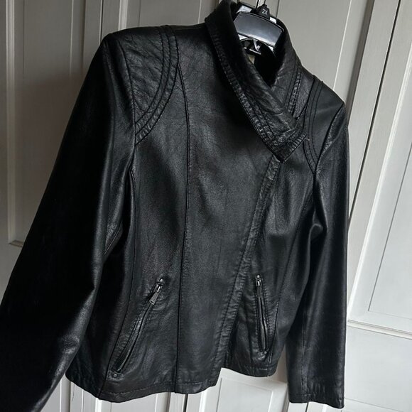 MICHAEL KORS ASSIMETRICAL ZIP LEATHER MOTOJACKET SIZE XL GREAT CONDITION - Picture 9 of 11
